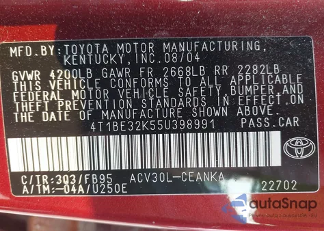 2005 Toyota Camry Le from USA, damaged, VIN 4T1BE32K55U398991